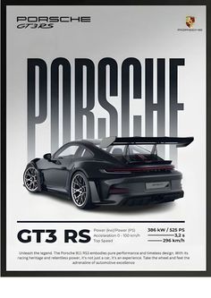 the porsche gt3 rs poster is shown in black and white, with an advertise