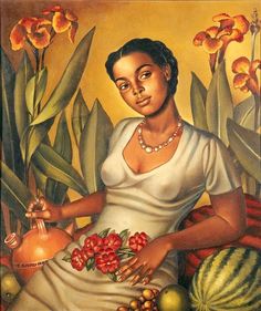 a painting of a woman with flowers and fruit in front of her is holding a vase