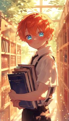 an anime boy holding a book in his hands and looking at the camera with blue eyes