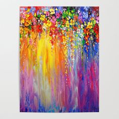 an abstract painting with bright colors and flowers