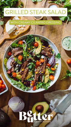 Picture is a flat-lay of a Grilled Steak Salad with Creamy Cilantro Dressing. The salad bowl is situated in the center of the frame, and includes grilled steak, avocado, crisp mixed green, halved cherry tomatoes, sliced red onion, crumbled queso fresco, sweet corn kennels, and fresh cilantro. To the right of the salad bowl is the creamy cilantro dressing. Creamy Cilantro Dressing, Grilled Steak Salad, Cilantro Dressing, Healthy Vegetarian Dinner, Steak Salad, Main Dish Salads, Mediterranean Diet Recipes, Wrap Recipes