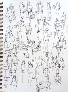 a drawing of people standing and sitting in different positions on a piece of paper with writing underneath it