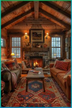 a living room filled with furniture and a fire place in the middle of a room