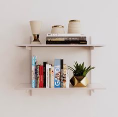 two white shelves with books, plants and vases sitting on top of each shelf