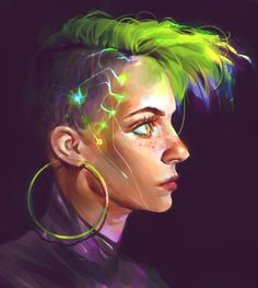 an image of a woman with green hair and piercings on her ears, looking at the