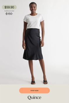 This washable silk skirt sports a modern midi length. It is made from 100% washable 19mm Mulberry silk satin. Pairs perfectly with just about every top.  | Quince | Women's 100% Washable Silk Skirt in Black, Size XS Fitted Viscose Skirt For Work, Versatile Relaxed Fit Skirt For Workwear, Casual Silk Lined Skirt, Fitted Silk Casual Skirt, Casual Fitted Silk Bottoms, Fitted Silk Bottoms Casual Style, Silk Fiber, Sports Skirts, Silk Skirt