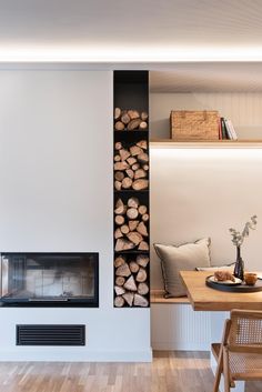 a living room filled with furniture and a fire place next to a wall mounted fireplace