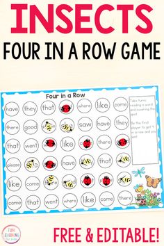 insects in a row game with free printable worksheet for kids and adults