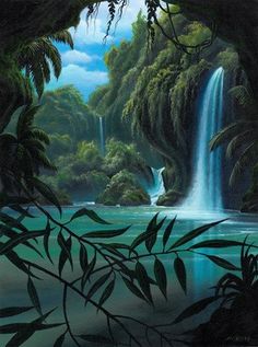 a painting of a waterfall in the jungle