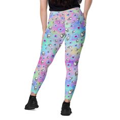 Skull Leggings, Crossover Waist Legging, Womens Halloween Leggings, Pastel Goth Celebrate Halloween every day with these ultra-comfy crossover waist leggings with allover skull and flower print over a pastel rainbow background. Trick-or-treat yourself with a trendy, flattering crossover waistband and keep your valuables close with practical side pockets.  Exceptional comfort  and stretch guarantees that whether you're hitting your October workout goals or strolling the streets on the weekend wit Plus Size Pastel Goth, Pastel Goth Leggings, Pastel Rainbow Background, Goth Leggings, Workout Goals, Skull Leggings, Leggings Plus Size, Halloween Leggings, Spooky Style