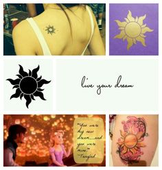 some pictures with tattoos on them that say live your dream and the sun is in the sky