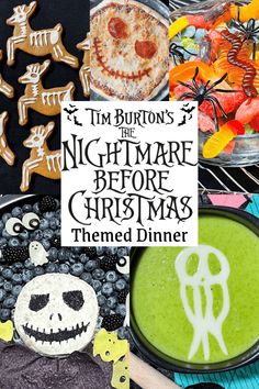 the cover of tim burton's the nightmare before christmas themed dinner, with cookies and candy