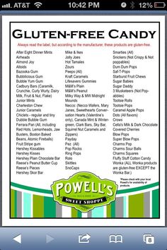 Gluten Free Candy Chart Gluten Free Candy List, Gluten Free Food List, Gluten Free Info, Gluten Free Candy, Gluten Free Kids, Going Gluten Free, Sans Gluten Sans Lactose, Food Substitutions, Gluten Free Living