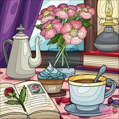 a cup of coffee and some books on a table with flowers in the window sill