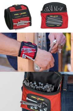 there are many different tools in the pocket on this man's arm and his hand is holding a screwdriver