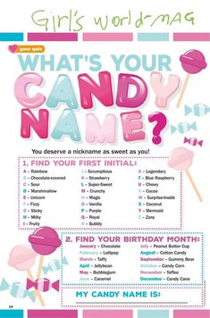 a candy party poster with the words what's your candy name?