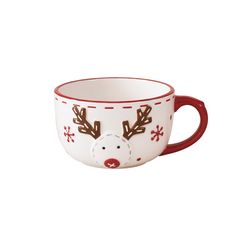 a red and white cup with reindeers on it