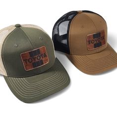 Get nostalgic with our Vintage Style Toyota Laser Engraved Leatherette Patch Trucker Hat! Classic design meets modern flair. Elevate your style with comfort. Embrace the road ahead in timeless fashion. Color: Green camo front and visor. Green perforated fabric back. Brown Retro Hat For Outdoor, Classic Adjustable Brown Trucker Hat, Classic Brown Adjustable Trucker Hat, Classic Brown Trucker Hat With Flat Brim, Classic Brown Trucker Hat For Outdoor, Classic Brown Snapback Hat With Flat Bill, Brown Trucker Hat With Flat Brim, Classic Brown Trucker Hat, Retro Brown Trucker Hat With Flat Bill