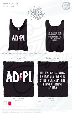 three different shirts with the words adpi on them, one in black and one in white