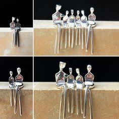 four different pictures of people holding hands and standing on top of each other with forks