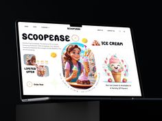 a computer screen with an ice cream advertisement on the front and side panels showing images of characters from disney's animated movie