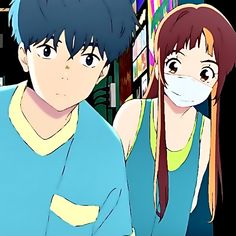 two anime characters wearing face masks in front of a storefront window, one is looking at the camera