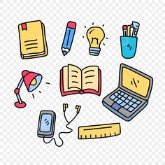 an open book with various school supplies around it, notebook, pencils, lamp, light bulb, calculator png and more