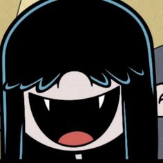 an animated image of a woman with black hair and bangs smiling at someone in the background