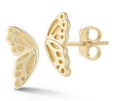 Add a touch of elegance to your look with the Luminosa gold butterfly wings stud earrings. Each stud features a beautifully detailed half of a butterfly wing, making them a unique and charming addition to any jewelry collection. From Luminosa. Butterfly Stud Earrings, Butterfly Earrings Stud, Butterfly Wing, Gold Butterfly, A Butterfly, Butterfly Wings, Jewelry Earrings Studs, Gold Plating, Gold Finish