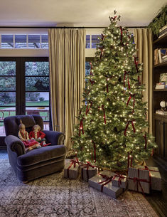 a living room with a christmas tree in the corner