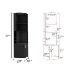 a tall black bookcase next to a drawing of the measurements for it's shelves