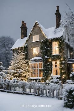 a house covered in snow with christmas lights