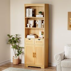 a living room with a couch, chair and bookcase in it's corner