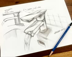 a pencil drawing of a table and bench on top of a piece of white paper