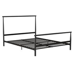 a black metal bed frame with no headboard and foot board is shown in front of a white background