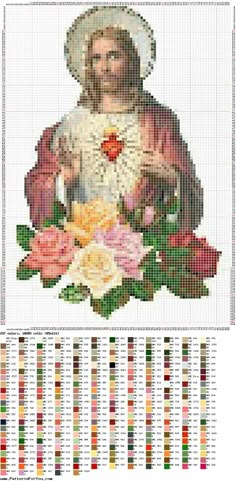 a cross stitch chart with the image of jesus and flowers on it, as well as colors