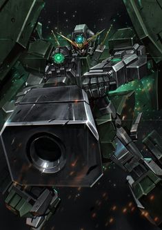 an animated image of a sci - fi robot with green lights on it's eyes