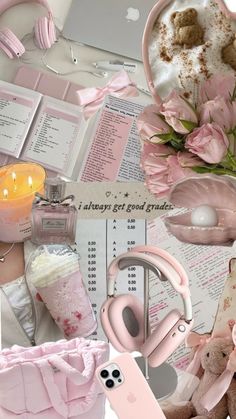 a collage of pink and white items including roses, teddy bear, books, candles, cell phone