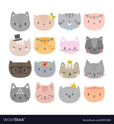 a group of cats with different faces and hats on their heads, all in different colors