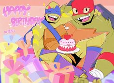 two cartoon characters hugging each other in front of a birthday cake