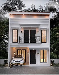 a car is parked in front of a two story white house with black doors and windows