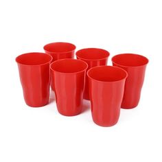 six red plastic cups sitting next to each other