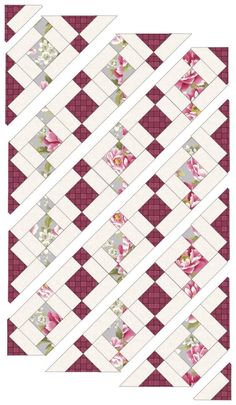 the pattern is made up of squares with different colors and shapes, including pink flowers