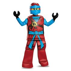 a person in a red and blue costume standing with his hands out to the side