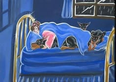 a painting of two dogs laying on a bed with a woman sleeping in the background