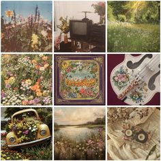 there are many different pictures with flowers and cars in the middle one is an old vw bus