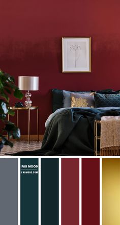 a bedroom with red walls, gold accents and black bedding is featured in this color scheme