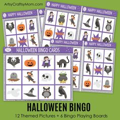 halloween bingo game with pumpkins, bats and witches on it for kids to play