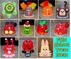 many different pictures of plastic toys with faces on them and words fun school treat ideas