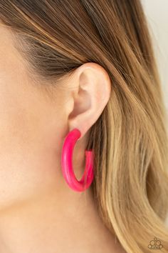 Painted in a flamboyant Pink Peacock finish, a thick wood hoop curls around the ear for a flirtatiously colorful look. Earring attaches to a standard post fitting. Hoop measures approximately 2" in diameter.

 Sold as one pair of hoop earrings. Paparazzi Jewelry Images, Wood Hoop Earrings, Paparazzi Accessories Jewelry, Pink Jewels, Pink Peacock, Wooden Hoop, The Ear, Earrings Red, Paparazzi Accessories